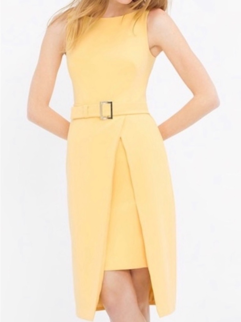 White House Black Market Yellow Sleeveless Belted Tulip Midi Dress Size 6